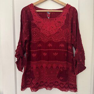 Johnny Was Crimson Red Embroidered Georgette Long Sleeve Top - S